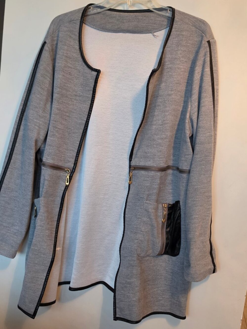 Heather Grey Collarless Moto Utility Cardigan Jacket with Faux Leather Trim Sz L
